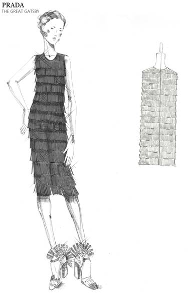 フリンジをボディー全体にあしらった膝丈ドレス。フリンジには、ジェット、ロザリービーズやガラスチューブが刺繍されている。