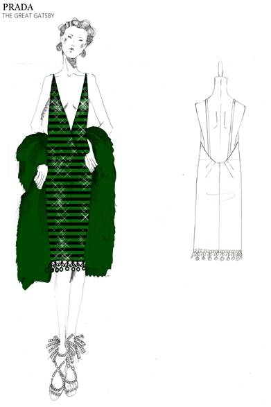 ボトルグリーンとブラックのストライププリントのルレックス*のドレス。プラダ2011年春夏コレクションからインスピレーションを得ている。