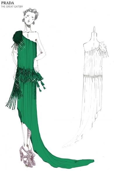 ウエスト周りをエメラルドグリーンのフォックスファー、ストーン、シルク、ベルベット、ロザリービーズのフリンジを施し、ショルダー部分にファーをあしらったワンショルダーのシルクドレス。