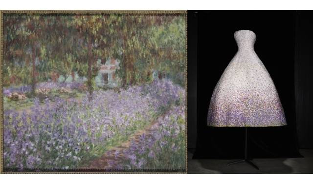 <strong>DIOR｜インプレッション ディオール展</strong>　左：Claude Monet, The Artist’s Garden at Giverny, oil on canvas, 1900. Paris, Musée d’Orsay. © Hervé Lewandowski/RMN-Grand Palais (Musée d’Orsay)　右：White organza dress embroidered with bands of degrade pale pink chiffon, Autumn-Winter 2012 Haute Couture collection. Christian Dior by Raf Simons. © Laziz Hamani.