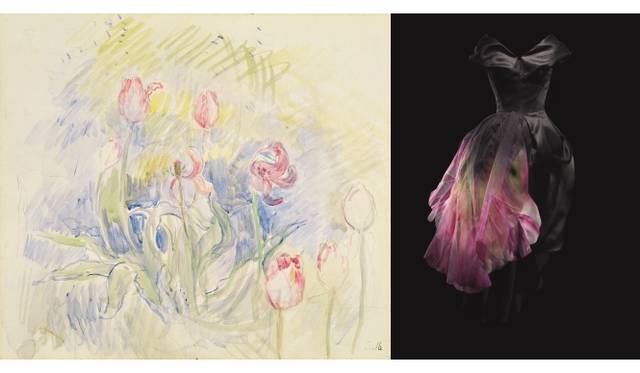 <strong>DIOR｜インプレッション ディオール展</strong>　左：Berthe Morisot, Tulips,watercolour on paper,1980,Musée Marmottan Monet, Paris. © Marmottan Monet Museum, Paris/Giraudon/The Bridgeman Art Library.　右：Hand-painted black organza dress,Autumn-Winter 2010 Haute Couture collection. Christian Dior by John Galliano.© Laziz Hamani.