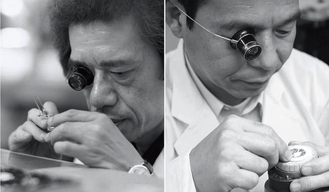 セイコーが誇るふたりの“現代の名工”、組立師の桜田守 氏（左）と、彫金師・照井清 氏（右）による巧みの技を駆使しつくりあげられる「SHスペシャルモデル」