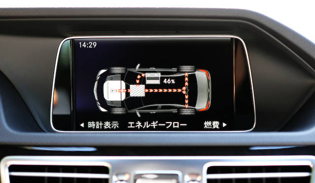 もはやハイブリッドモデルではおなじみといった、エネルギーフローモニター。写真は、モーターがエンジンに加勢している状態で、すさまじい加速力を発揮する