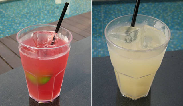 <strong>Italesse｜イタレッセ</strong>　左／ローズヒップアイスティー。右／フレッシュジンジャークーラー