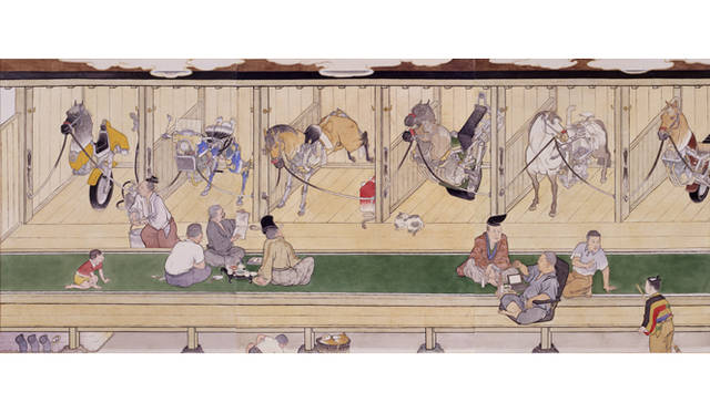 厩圖（2001）<br />カンヴァスに油彩<br />74×175cm<br />撮影：木奥恵三<br />所蔵：高橋コレクション<br />© YAMAGUCHI Akira, Courtesy Mizuma Art Gallery