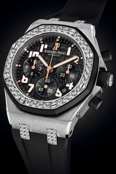 Royal Oak Offshore Ladycat Chronograph｜ロイヤル オーク オフショア レディキャット・クロノグラフ<br />ケース径37mm、SSケース、自動巻き、自社製ムーブメント「キャリバー2385」、パワーリザーブ約40時間、合計64個のダイヤモンド（約1.69カラット）、278万2500円（150本限定）