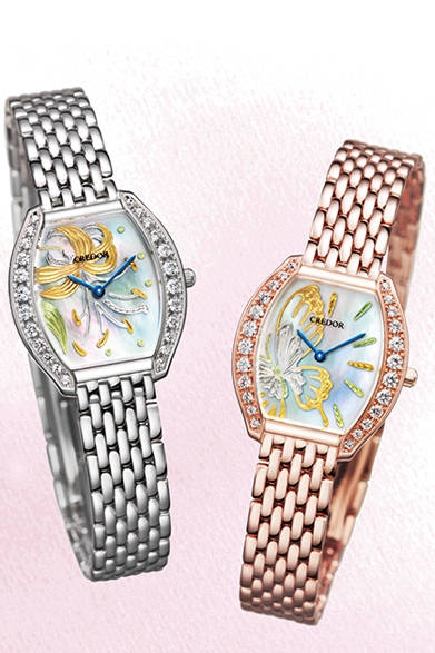 クレドール ジュリ 2013「ピクウェ」限定モデル<br />ケース縦25.1mm×横22.5mm、全部で25個、合計0.43カラットのダイヤモンドをセットした18KWG、または18KPGケース、クォーツ・ムーブメント「キャリバー5A70」、252万円（18KWG／鹿の子ユリがモチーフのモデル）、241万5000円（18KPG／アゲハチョウがモチーフのモデル）