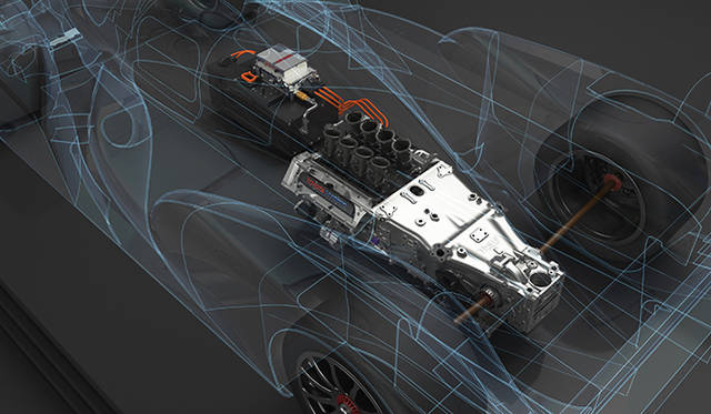 「TS030 HYBRID」に採用されたハイブリッドシステムの透視図。今回発表された「ハイブリッド-R コンセプト」にも同様のパワートレインが搭載される見込みだ