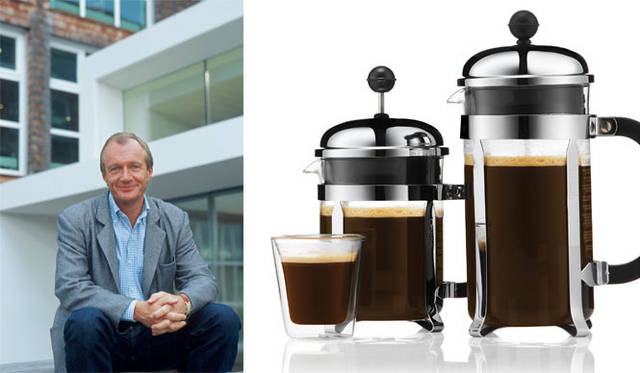 <strong>BODUM｜ボダム</strong>　左／ボダムのヨーガン・ボダム社長。右／フレンチプレスコーヒーメーカー「CHAMBORD」（0.35L）6300円、（0.5L）7350円、（1L）8400円