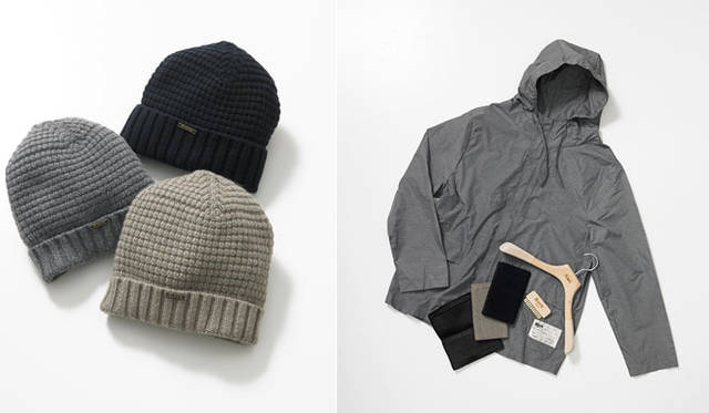 <strong>ESTNATION｜エストネーション</strong>　<strong>六本木ヒルズ店“BARK UNIQUE”POP-UP STORE</strong>　左／期間中、「BARK UNIQUE」を購入、もしくはオーダーした方に先着で、カシミア製ニットキャップをプレゼント（プレゼントは数に限りあり。なくなり次第終了）。右／＜BARK UNIQUE LIMITED EDITION スペシャルBOXセット内容＞ニットダッフルコート×1、収納用ボックス×1、ハンガー×1、オーバーコート×1、ケアブラシ×1、防虫剤用ケース×1