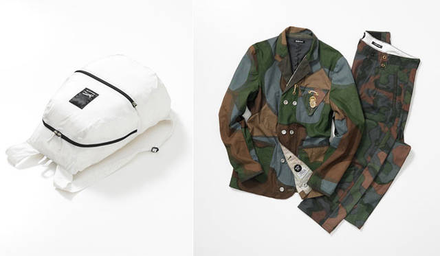 <strong>ESTNATION｜エストネーション</strong>　<strong>エストネーション各店“DENHAM”POP-UP STORE</strong>　左／ポップアップストア期間中、デンハムのアイテムを購入した方に、先着で特製リュックサックをプレゼント（プレゼントは数に限りあり。なくなり次第終了）。右／リカット・シリーズから誕生したジャケットは、1950年の一人用ノルウェー アーミーテント生地を使用し、さまざまなディテールにこだわりの意匠が盛り込まれている。まさに“神は細部に宿る”をコンセプトに掲げるデンハムらしい、ほかでは手に入れることのできない一推しアイテム。「MEDIC RCC」5万4390円。リカット・シリーズから誕生したキャロットシルエットのパンツは、1950年の一人用ノルウェー アーミーテント生地を使用し、さまざまなディテールにこだわりの意匠が盛り込まれている。「DROP CROTCH RCC」4万2420円