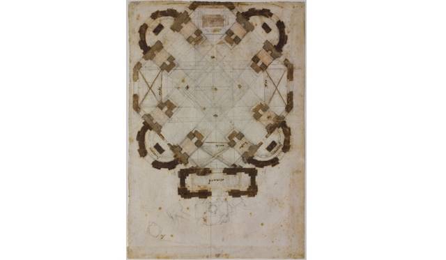 <strong>ART｜国立西洋美術館で『ミケランジェロ展 天才の軌跡』</strong>　ミケランジェロ・ブオナローティ ≪サン・ジョヴァンニ・デイ・フィオレンティーニ聖堂のための平面図計画案≫1559年頃、赤石墨、黒石墨、ペン、褐色の淡彩/紙　フィレンツェ、カーサ・ブオナローティ所蔵 © Associazione Culturale Metamorfosi and Fondazione Casa Buonarroti 