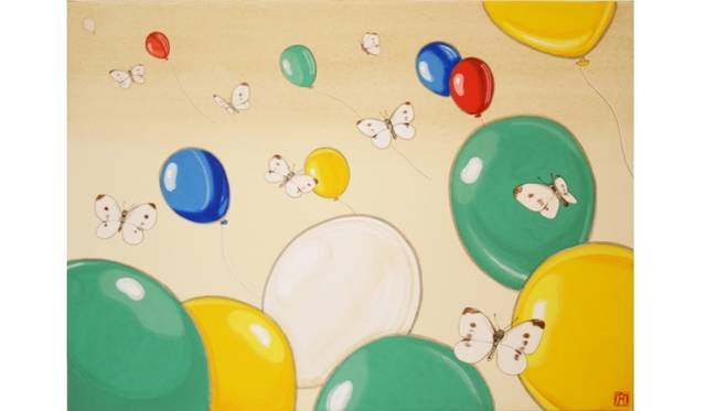 <strong>ART｜山本太郎個展『24/24-twenty four twenty fourth-』</strong>　啓蟄「蝶々バルーン」紙本着色金彩 24.2×33.3cm2013 ©Taro YAMAMOTO Courtesy of imura art gallery