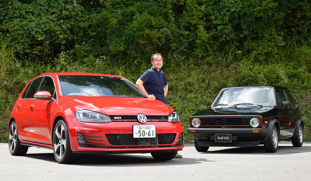 小川フミオ氏とゴルフGTI、そして右奥が初代ゴルフGTI