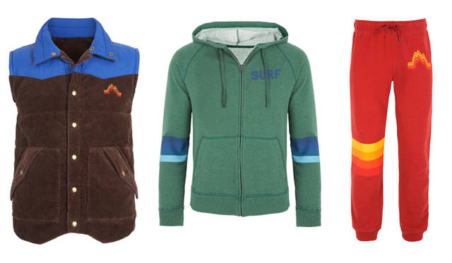 <strong>GAP｜ギャップ</strong>　2013「ベスト・ニュー・メンズウェアデザイナー・イン・アメリカ」　「AviatorNation（アヴィエイター・ネイション）」　左／CORD NYLON FILLED VEST 1万2900円。中／GRAPHIC FZ HOODIE 7900円。右／GRAPHIC FLEECE SWEATPANT 6900円