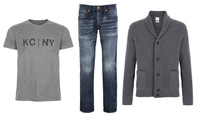 <strong>GAP｜ギャップ</strong>　2013「ベスト・ニュー・メンズウェアデザイナー・イン・アメリカ」　「baldwin（ボールドウィン）」　左／KC NY GRAPHIC TEE 4900円。中／WASHED HENLEY JEAN 1万2000円。右／RIBBEN SHAWL NECK CARDIGAN 9900円