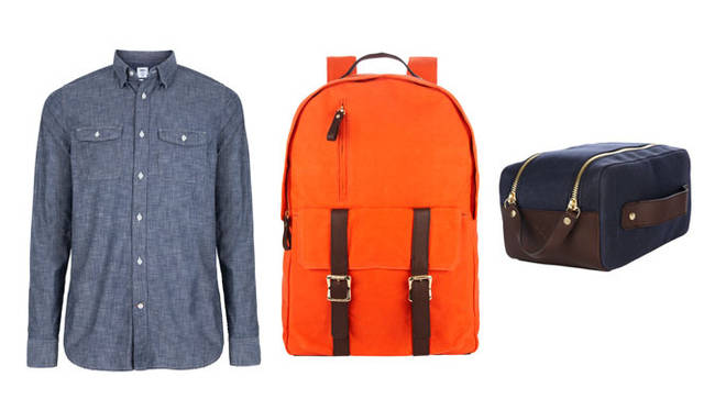 <strong>GAP｜ギャップ</strong>　2013「ベスト・ニュー・メンズウェアデザイナー・イン・アメリカ」　「Ernest Alexander（アーネスト・アレキサンダー）」　左／2PK CHAMBRAY SHIRT 7900円。中／WAXED CANVAS RUCKSACK 9900円。右／CANVAS DOPP KIT 5900円