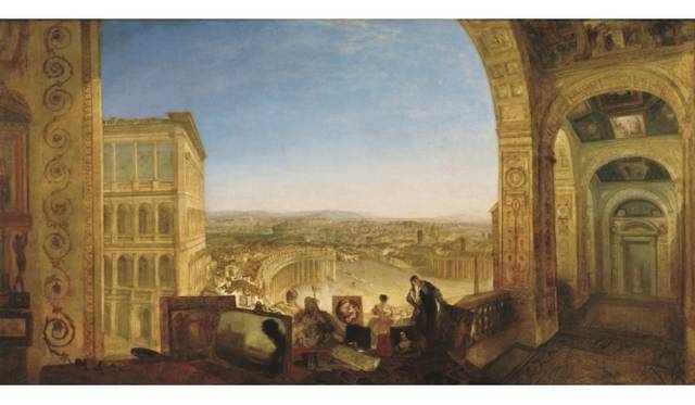 <strong>ART｜英国最高の巨匠、待望の大回顧展『ターナー展』</strong>　《ヴァティカンから望むローマ、ラ・フォルナリーナを伴って回廊装飾のための絵を準備するラファエロ》　1820年発表　油彩、カンヴァス　177.2 x 335.3㎝　テート美術館蔵　©Tate 2013-2014