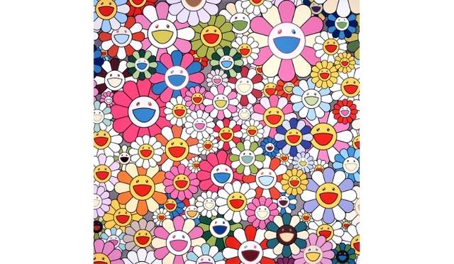 Flower Smile, 2011<br />Acrylic and platinum leaf on canvas mounted on aluminum frame<br />1000 × 1000 × 50.8 mm<br />©2011 Takashi Murakami/Kaikai Kiki Co., Ltd. All Rights Reserved.