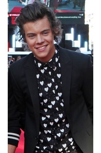 <strong>Harry Styles｜ハリー・スタイルズ</strong><br /><br />ロンドンで開催された映画『ワン・ダイレクション THIS IS US』のプレミアに、 1Dメンバーのハリー・スタイルズが登場。黒いジャケットにバーバリーのプリントシャツを合わせ、キュートなコーディネイトを完成。シャツのハート柄がハリーのスウィートな笑顔にマッチ！