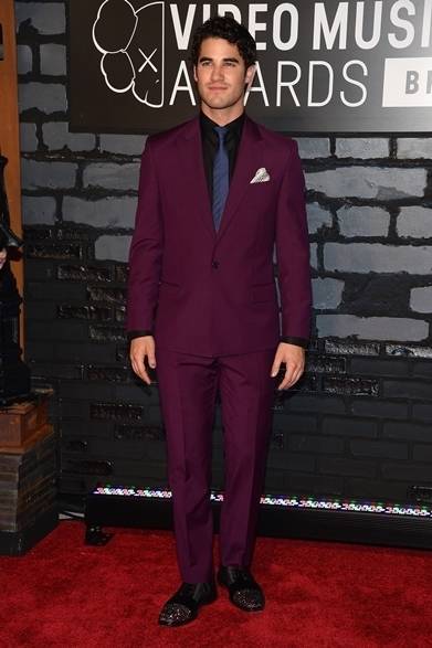 <strong>Darren Criss｜ダレン・クリス</strong><br /><br />俳優のダレン・クリスはヴェルサーチのスーツで「2013 MTV Video Music Awards」に現れた。パープルのスーツに、ネイビーのネックタイと黒シャツを合わせ、洗練されたスタイリングが完成。ライトピンクのポケットチーフのアクセントがスマートである。