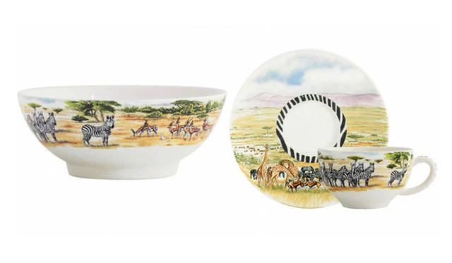 <strong>Gien｜ジアン</strong>　2013年秋冬新作コレクション　「サファリ」 左／シリアルボウル参考商品。右／ティーカップ＆ソーサー参考商品