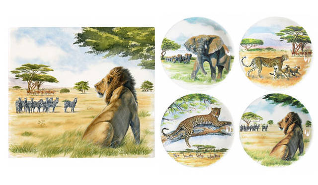 <strong>Gien｜ジアン</strong>　2013年秋冬新作コレクション　「サファリ」 左／スクエアプレート参考商品、右／デザートプレート参考商品
