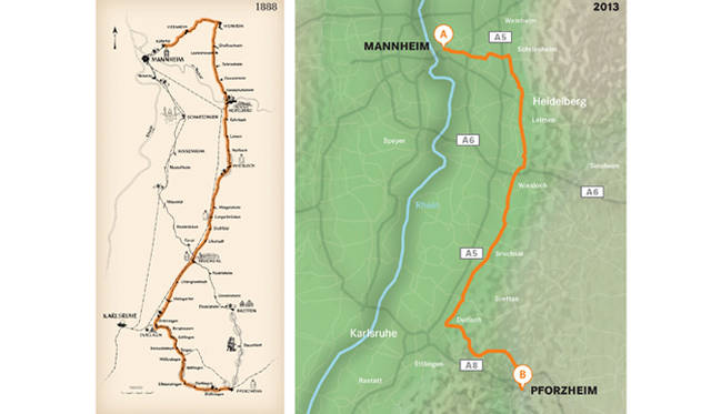 ドイツのマンハイムからプフォルツハイムまでの全長約100kmに渡るテストルートは、いまから125年前、メルセデス・ベンツ創業者であるカール・ベンツの妻ベルタ・ベンツが「世界初の長距離自動車ドライブ」を敢行した際と同一のルートだった
