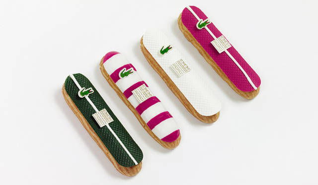 <strong>LACOSTE｜ラコステ</strong>　フランスの名門ブランドがラコステ創立80周年を祝福<br /><strong>FAUCHON｜フォション</strong><br />“Made in F (Made in FAUCHON, Made in France)”をモットーに高品質なスイーツやフードを提供してきたフランス料理のメゾン。今回もブランドを代表するペストリーであるエクレアに、ラコステを象徴するワニをマシュマロで表現。グリーン、マゼンタ、ホワイトを駆使して鮮やかに仕上げた。ホワイトチョコでラコステお馴染みのポロシャツのピケコットン素材を再現している