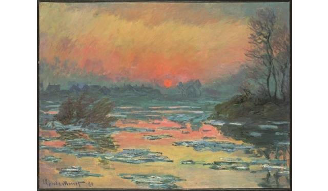 <strong>ART｜国立西洋美術館『モネ、風景をみる眼－19世紀フランス風景画の革新』</strong>　クロード・モネ《セーヌ河の日没、冬》1880年　油彩、カンヴァス　60.6×81.1cm　ポーラ美術館