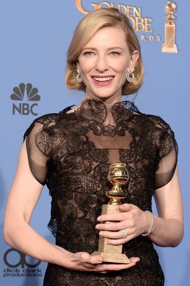 <strong>第71回 ゴールデン・グローブ賞レッドカーペットスナップ</strong>　Cate Blanchett｜ケイト・ブランシェット<br />ドレス：アルマーニ プリヴェ クチュール　ジュエリー：ショパール