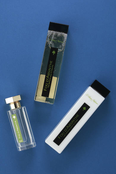 ラルチザン パフューム フー アブサン オードパルファン（50ml）1万5750円、フー アブサン シャワージェル（200ml）5775円、フー アブサン ボディミルク（200ml）7350円（ラルチザン パフューム／阪急メンズ東京1階）