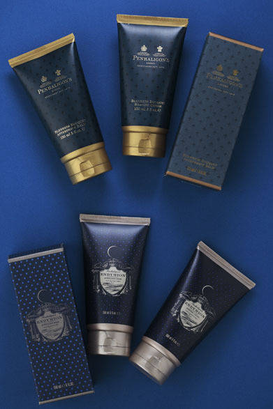 上／ペンハリガン ブレナム ブーケ シェービングクリーム（150ml）5250円、アフターシェーブバーム（150ml）5775円、下／ペンハリガン エンディミオン シェービングクリーム（150ml）5250円、アフターシェーブバーム（150ml）5775円（ペンハリガン／阪急メンズ東京1階）