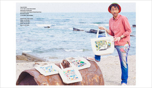 Classic B.D Shirt 1万9950円、Denim print 5-Pocket pants 3万4650円、Cotton Canvas 6720円、Birvin Beach Sandals 2940円