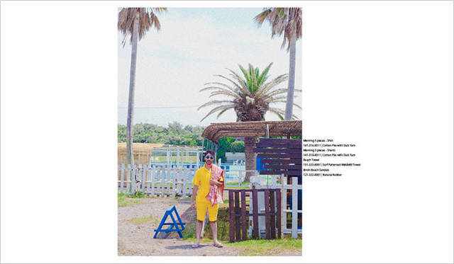 Morning 3 pieces – Shirt 1万6800円、Morning 3 pieces – Shorts 1万4700円、Birvin Beach Sandals 2940円、Beach Towel 8400円