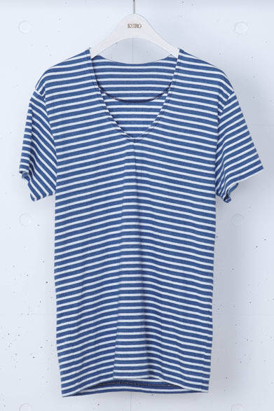 faded indigo border v neck tee 8610円