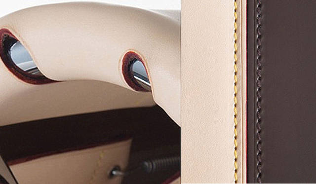 左／ナチュラルサドルレザーにほどこされたイエローのステッチ