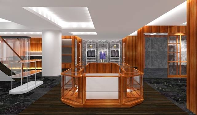 <strong>Paul Stuart｜ポール・スチュアート 青山店が3月にリニューアルオープン</strong>　ストアの1階の正面、大理石のブラックマルキーナと天然木のフローリング