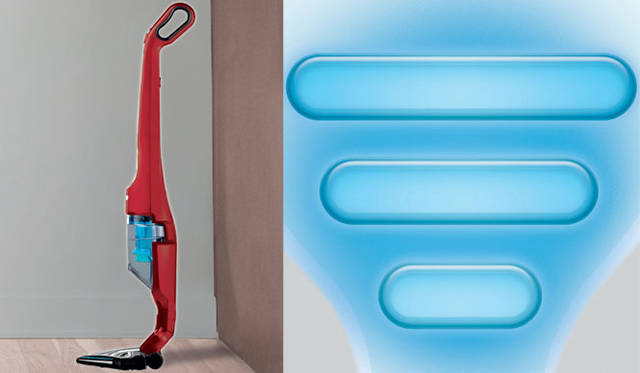 左／本体のみで据え置ける「自立式」デザイン、右／「充電残量ライトインジケーター」