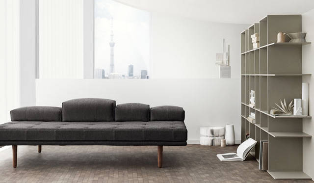 fusionソファ（H42/68×W201.5×D111cm）36万5600円、fusion壁面収納（H154×W211.5×D35.5cm）37万9500円