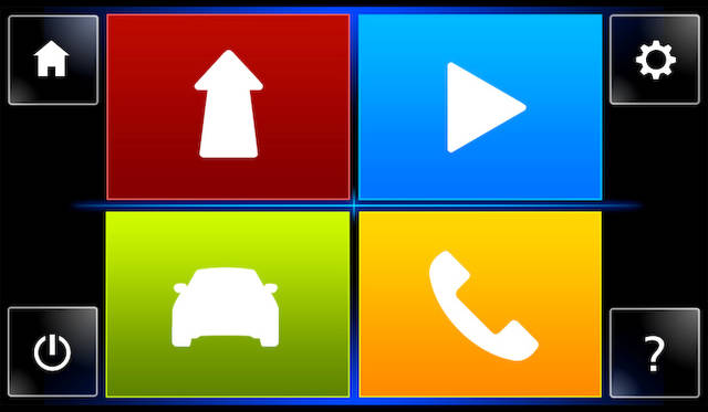 インフォテイメントシステム「R&GO」でメインメニュー。ナビ、メディアプレイヤー、車両情報、電話の4つのおおきなメニューで構成される