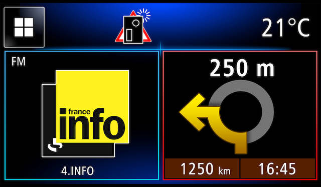 インフォテイメントシステム「R&GO」でのホーム画面。ナビゲーションや各種警告が表示される