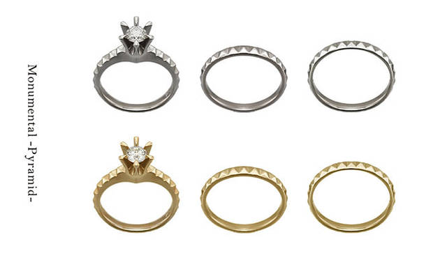 「Monumental –Pyramid- （モニュメンタル ピラミッド）」　Engagement Ring Pyramid（地金 Pt950・ダイヤモンド 0.30ct から）37万1000円～、Wedding Ring Pyramid N（地金 Pt950・幅 約2.6mm　#5～#22）13万円、Wedding Ring Pyramid W（地金 Pt950・幅 約2.9mm　#5～#22）17万円　※すべて税抜価格