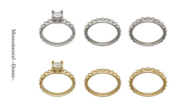 「Monumental –Dome-（モニュメンタル ドーム）」　Engagement Ring Dome（地金 Pt950・ダイヤモンド 0.30ct から）34万8000円～、Wedding Ring Dome N（地金 Pt950・幅 約2.7mm　#5～#22）13万円、Wedding Ring Dome W（地金 Pt950・幅 約3.1mm　#5～#22）17万円　※すべて税抜価格