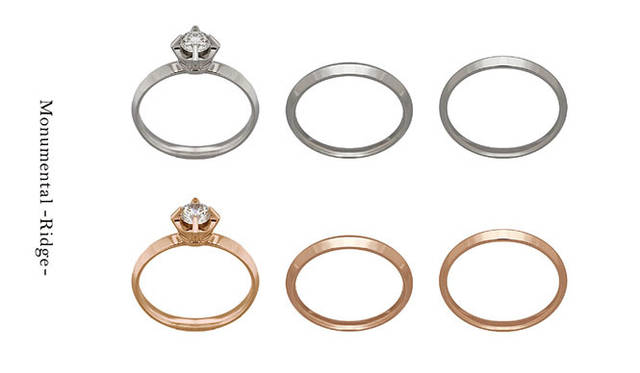 「Monumental –Ridge-（モニュメンタル リッジ）」　Engagement Ring Ridge（地金 Pt950・ダイヤモンド 0.30ct から）32万3000円～、Wedding Ring Ridge N（地金 Pt950・幅 約2.4mm　#5～#22）10万円、Wedding Ring Ridge W（地金 Pt950・幅 約2.9mm　#5～#22）12万8000円　※すべて税抜価格