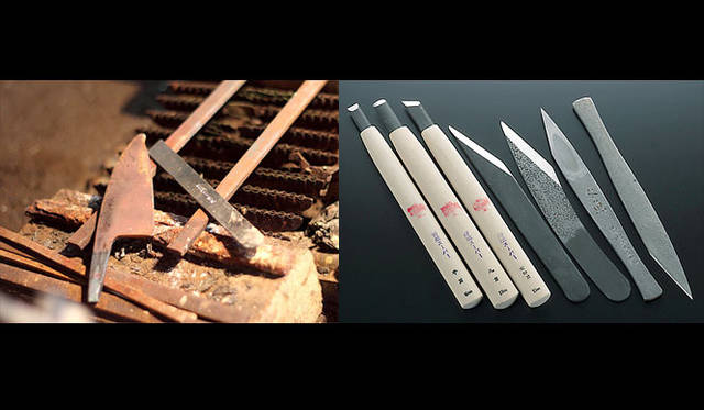 <strong>梅心子</strong><br />1750年ごろ創業。江戸時代から250年以上に渡り、手作りで小刀や彫刻刀を製造。1860年以後、当時の当主が市場に出した出色の小刀が高く評価され、その子が刀匠から焼入れの秘法を学んだと伝わる。注文に応じて一本一本手作りで仕上げるプロ用小刀や彫刻刀のほか、近年では趣味用の彫刻刀作りにも力を入れている