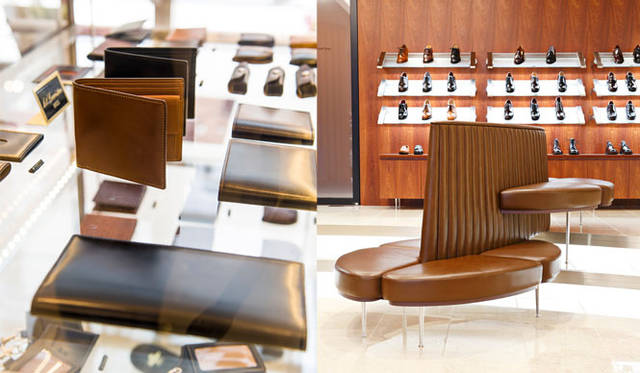 革小物などのアクセサリーも揃える。右の写真は、快適なフィッティングができるよう、絶妙な座面の高さとクッション性を備えたレザーソファ