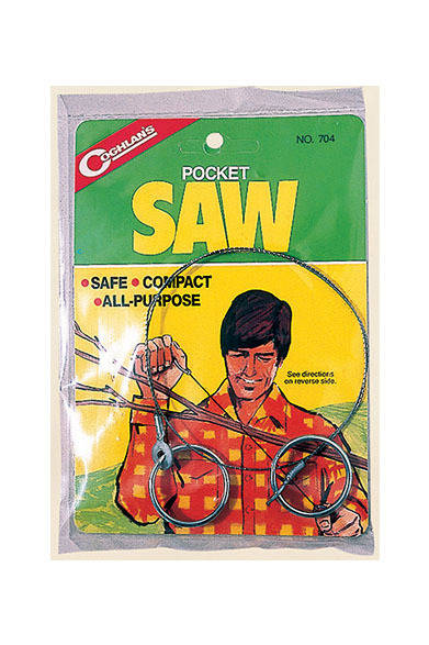 ハガネで作られ、木、金属、プラスチックなどをどんな方向（木目や金属の分子配列にかかわらず）にも切ることができる。「COGHLAN’S」ワイヤーソー850円