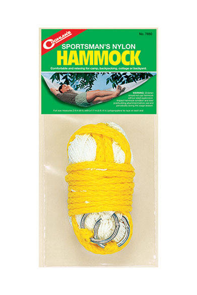 重量80kgまで耐えるハンモック。巾1.7m、長さ2.4mあり、ゆったりとした大きさで、たたむとポケットに入るコンパクトさ。「COGHLAN’S」ハンモック1800円