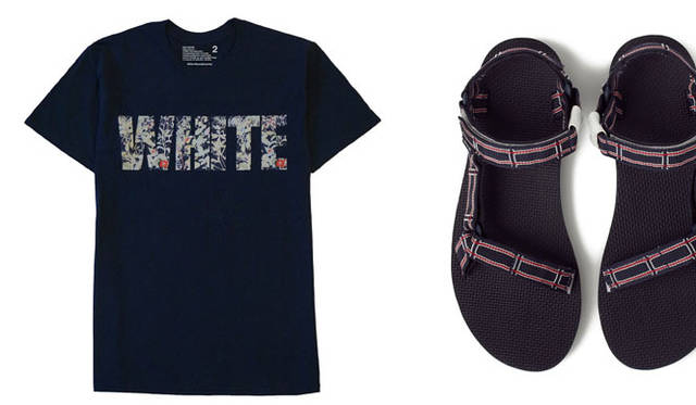 <strong>White Mountaineering｜ホワイトマウンテニアリング</strong>　左／ショップ移転オープン記念限定Tシャツ、右／「White Mountaineering×TEVA」サンダル